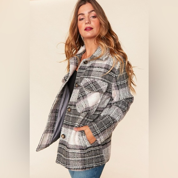 Flannel Plaid Button Down Coat, black/Gray/Blush/White, size small - Picture 7 of 13